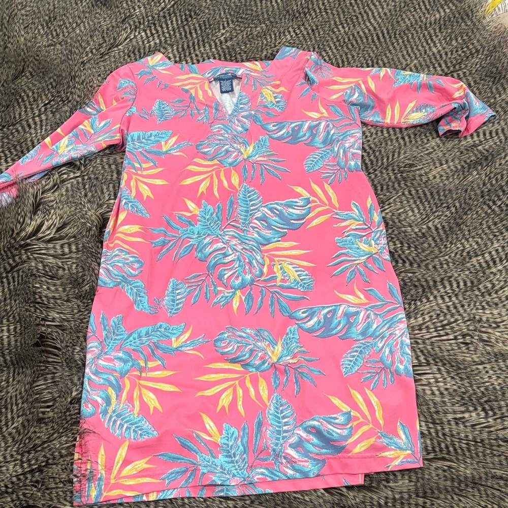 Caribbean Joe Pink Kids Swim Cover-Up with Blue and Yellow Leaves